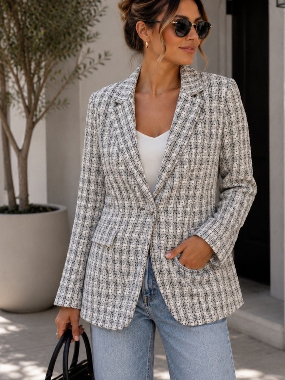 Rachel Zoe - textured Tweed relaxed Blazer Jacket - Cream white & black